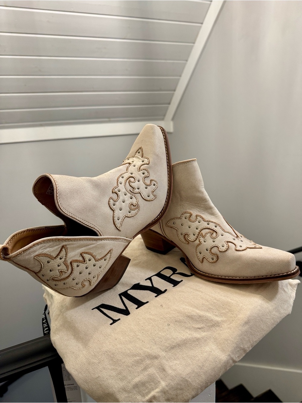 Myra Cream Leather Western Ankle Booties with Embroidered Stud Detail